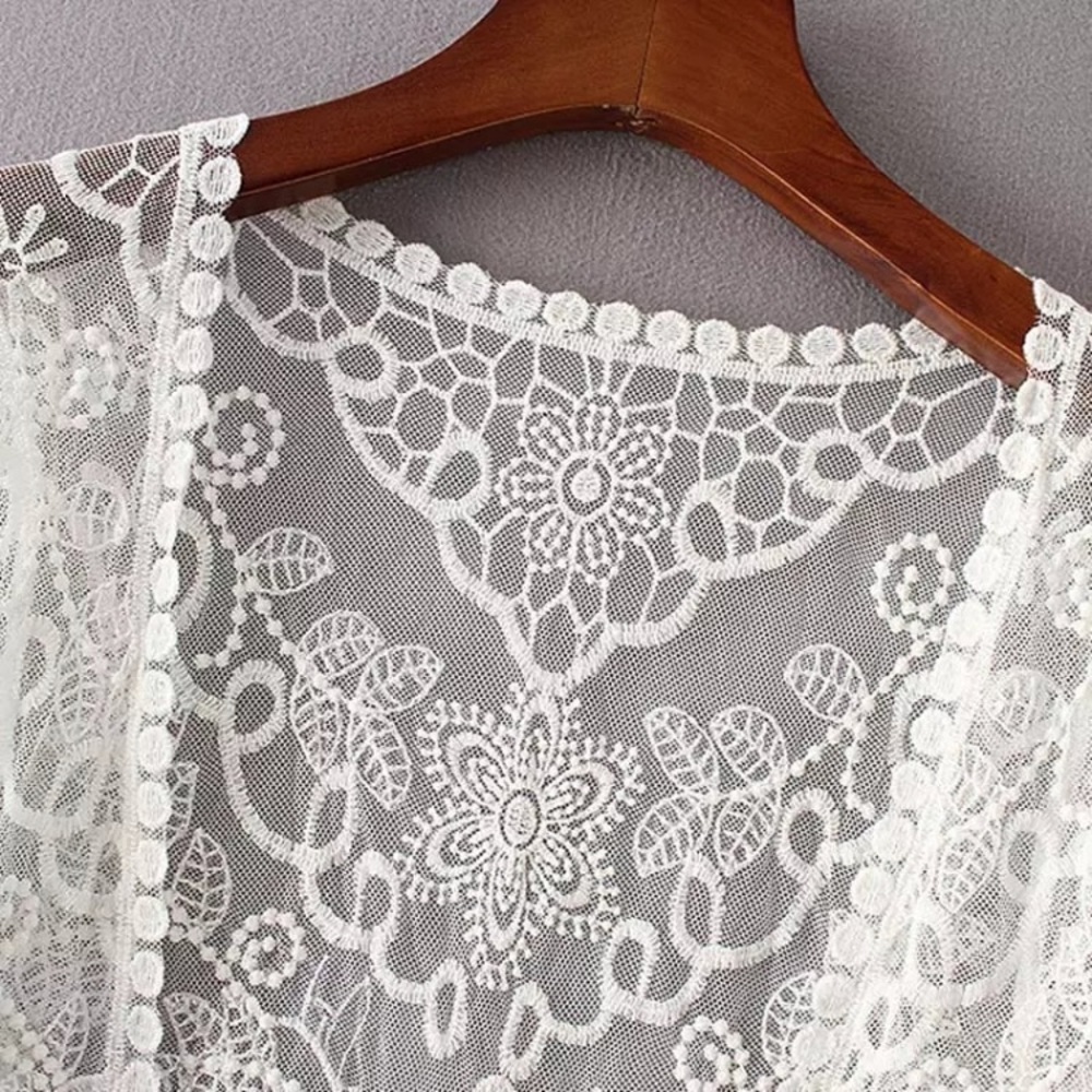 White embroidered lace detail open cardigan - Picture 3 of 8